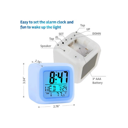 7-Color Changing LED Digital Alarm Clock – Compact Display with Time, Date, Temperature & Alarm | Battery-Powered for Home & Travel