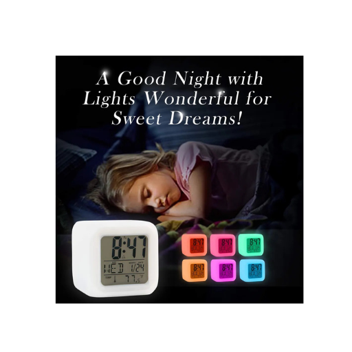 7-Color Changing LED Digital Alarm Clock – Compact Display with Time, Date, Temperature & Alarm | Battery-Powered for Home & Travel