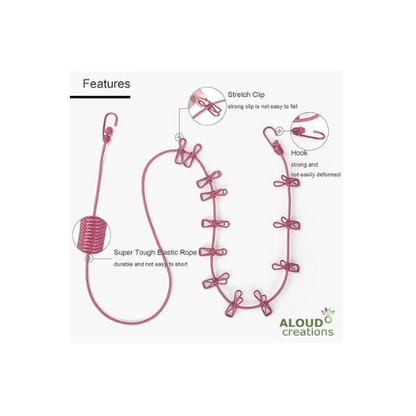 Portable Elastic Clothesline with Hooks & 12 Clips – Stretchable Travel Drying Rope for Balcony, Camping & Home Use