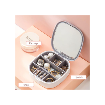 Mini Travel Jewelry Box – Portable Plastic Organizer with Mirror & Compartments | Compact Storage for Rings, Earrings & Necklaces
