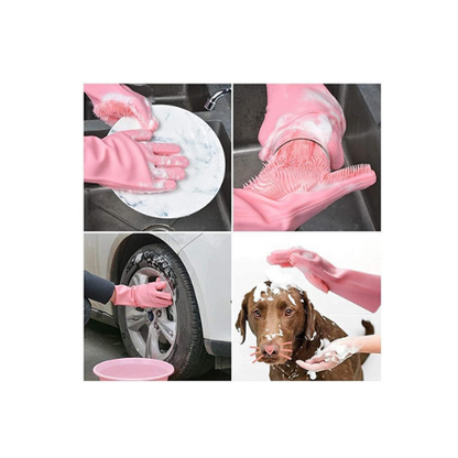 Silicone Dishwashing Gloves – Heat Resistant Magic Cleaning Gloves with Soft Bristles for Kitchen, Bathroom, Pet & Car Wash