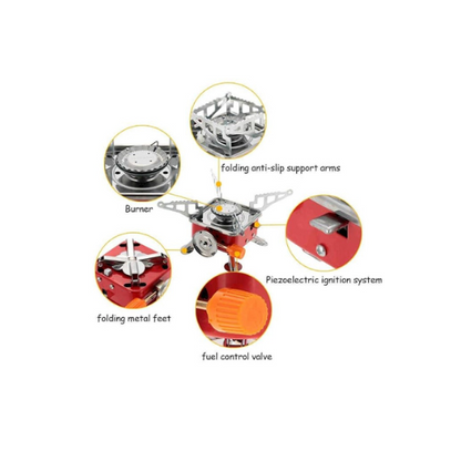 Portable Butane Gas Camping Stove – Windproof Stainless Steel Burner with Flame Control & Carry Bag | Outdoor Cooking Stove for Picnic, Hiking & Travel (Red)